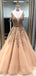 A-line Deep V-neck Appliques and Beading Long Tulle Prom Dresses, PD0568