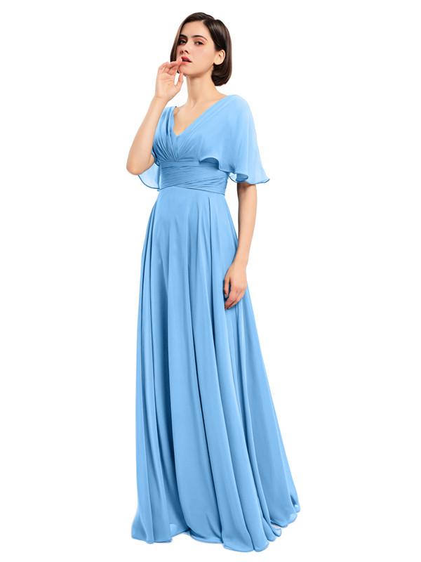 V-neck Short Sleeves Chiffon Bridesmaid Dresses