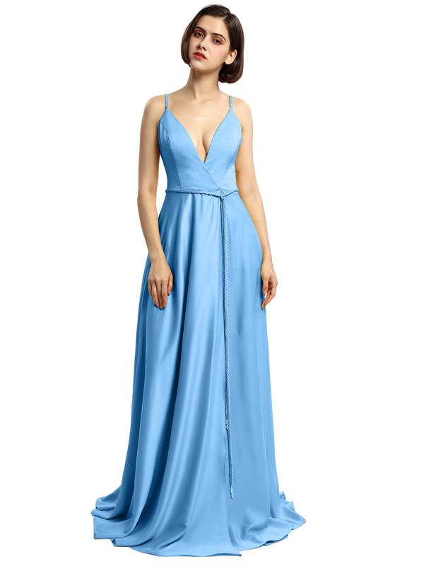 Spaghetti Strap Satin V-neck Prom Dresses