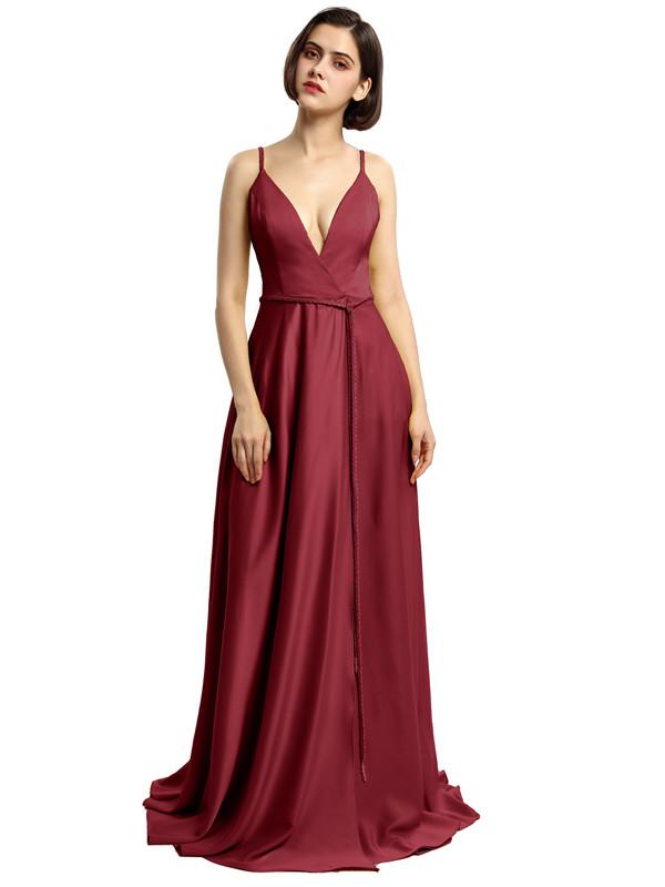 Spaghetti Strap Satin V-neck Prom Dresses