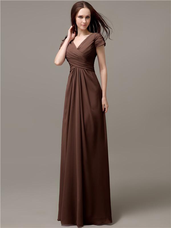 A-line V-neck Short Sleeves Pleats Bridesmaid Dresses
