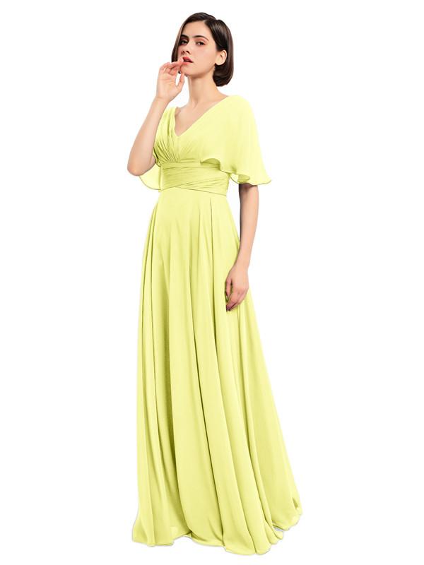 V-neck Short Sleeves Chiffon Bridesmaid Dresses