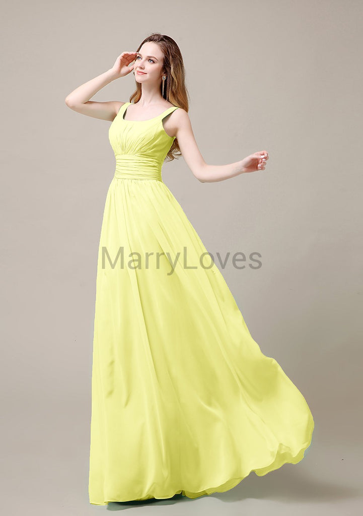 Square Neck Pleats Floor Length Bridesmaid Dresses