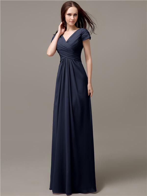 A-line V-neck Short Sleeves Pleats Bridesmaid Dresses