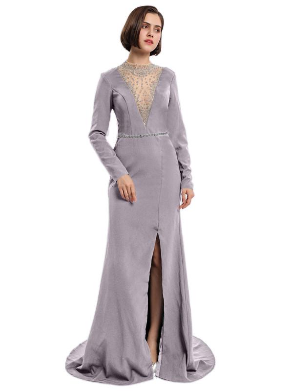 Sheath High-neck Long Sleeves Split Prom Dresses