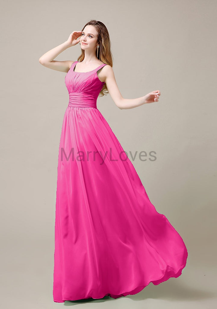 Square Neck Pleats Floor Length Bridesmaid Dresses