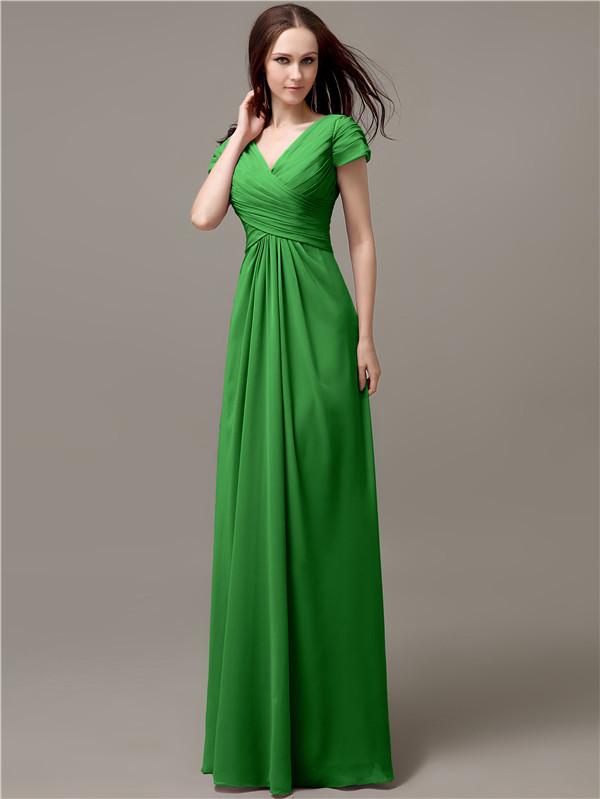 A-line V-neck Short Sleeves Pleats Bridesmaid Dresses