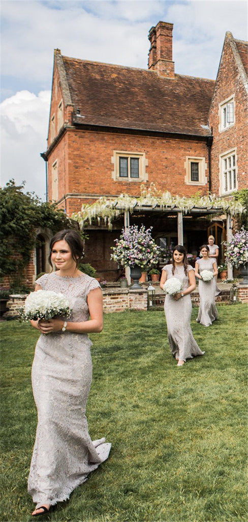 Mermaid Cap-sleeves Full Lace Long Bridesmaid Dresses With Train, BD0611