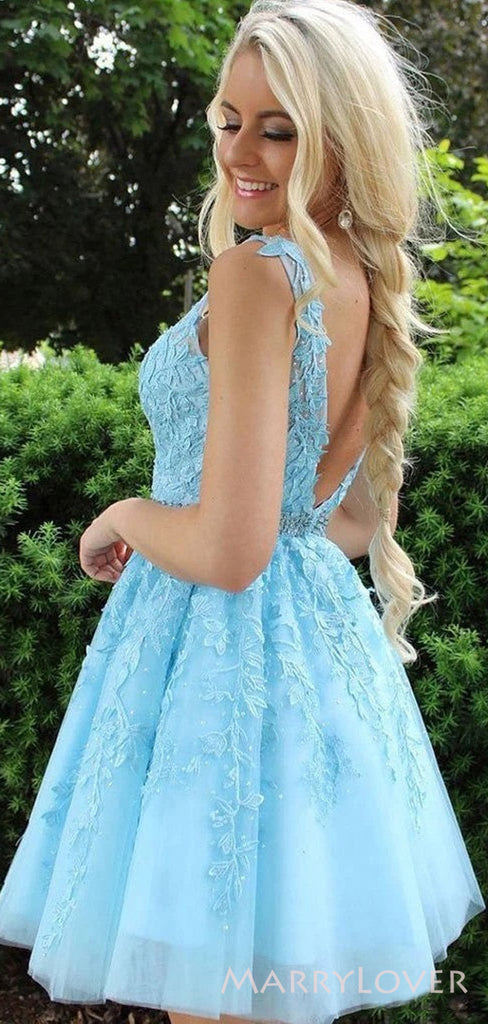 A-line Sky Blue Tulle Appliques V-neck Short Homecoming Dresses, HM1004