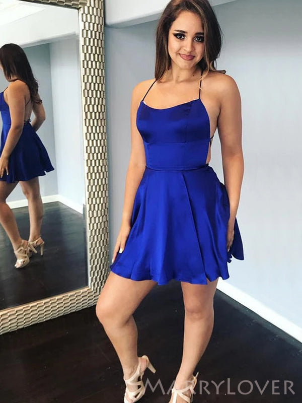 Sexy Spaghetti Straps Royal Blue Satin Short Backless Homecoming Dress MarryLover Sexy Spaghetti Straps Royal Blue Satin Short Backless Homecoming Dress MarryLover