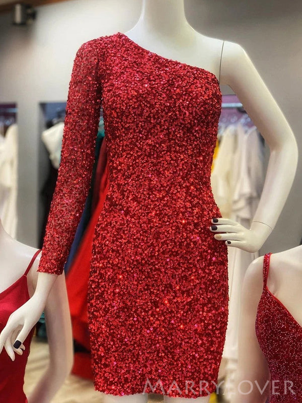 One Shoulder Long Sleeves Red Sequins Short Homecoming Dresses, HM1013 MarryLover One Shoulder Long Sleeves Red Sequins Short Homecoming Dresses, HM1013 MarryLover