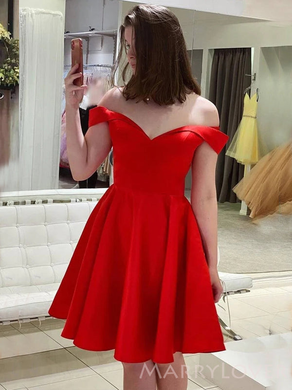 Red Satin A-line Off Shoulder Sweet Heart Short Homecoming Dresses, HM MarryLover Red Satin A-line Off Shoulder Sweet Heart Short Homecoming Dresses, HM MarryLover