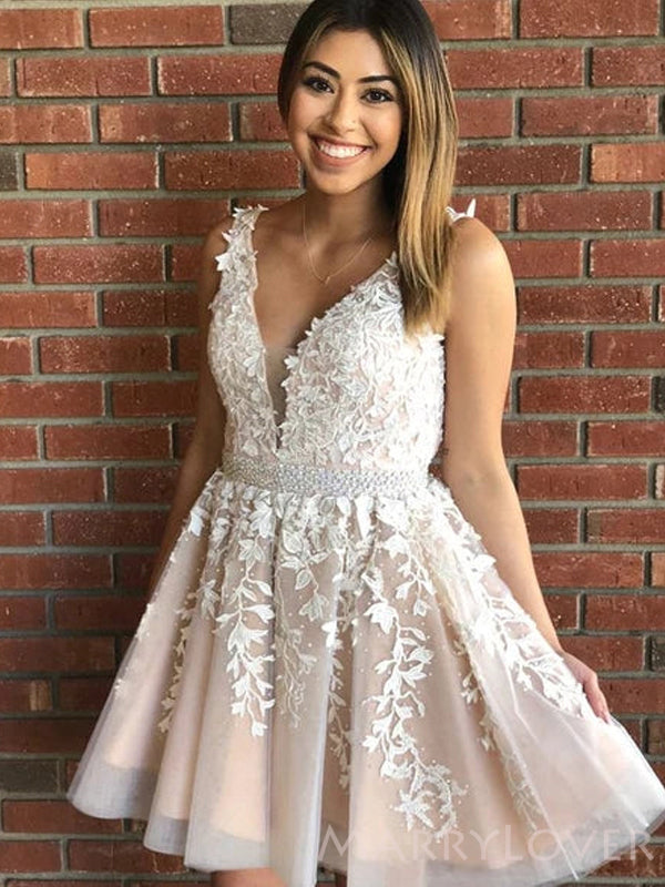 A-line Champagne Tulle Appliques Short V-neck Homecoming Dresses, HM10 MarryLover A-line Champagne Tulle Appliques Short V-neck Homecoming Dresses, HM10 MarryLover