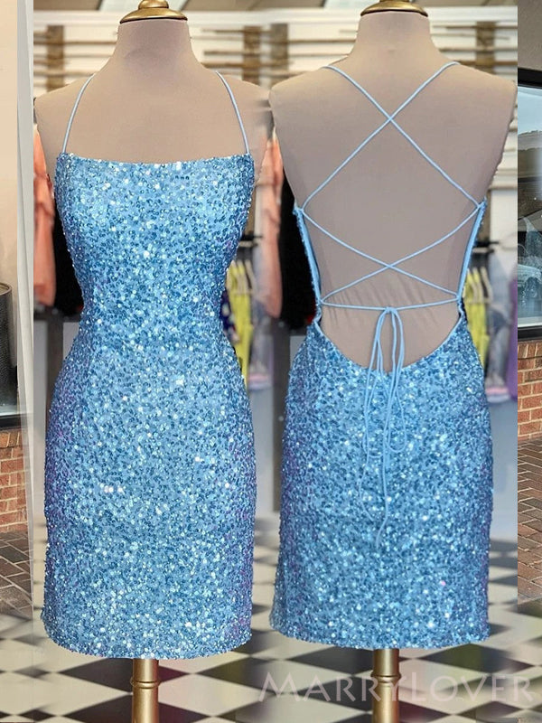 Blue Sequins Spaghetti Straps Short Backless Homecoming Dresses, HM103 MarryLover Blue Sequins Spaghetti Straps Short Backless Homecoming Dresses, HM103 MarryLover