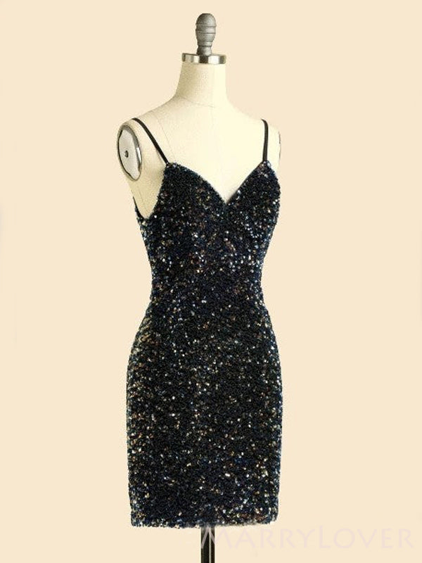 black backless homecoming dress V-neck Spaghetti Straps Black Sequins Short backless Homecoming Dresse – MarryLover