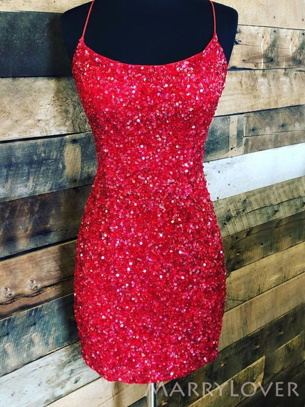 Red Sequins Spaghetti Straps Bateau Short Backless Homecoming Dresses, MarryLover Red Sequins Spaghetti Straps Bateau Short Backless Homecoming Dresses, MarryLover