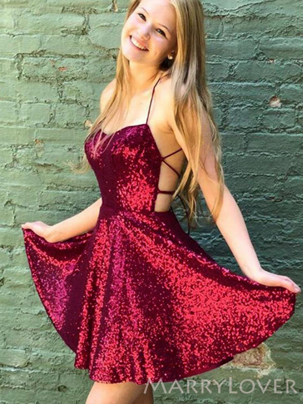 Burgundy Sequins Spaghetti Straps Short Backless Homecoming Dresses, H MarryLover Burgundy Sequins Spaghetti Straps Short Backless Homecoming Dresses, H MarryLover