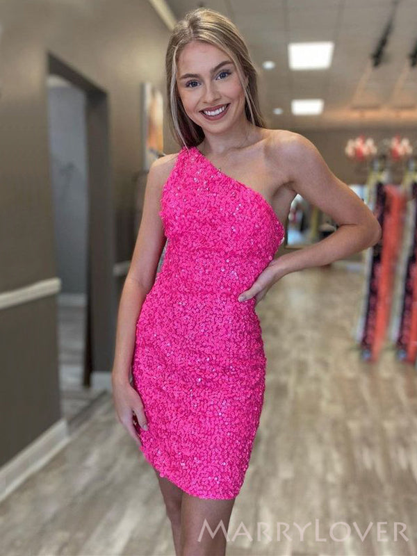 Simple One Shoulder Hot Pink Sequins Short Homecoming Dresses, HM1051 MarryLover Simple One Shoulder Hot Pink Sequins Short Homecoming Dresses, HM1051 MarryLover