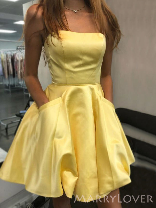 Yellow Satin Strapless A-line Short Backless Homecoming Dresses, HM105 MarryLover Yellow Satin Strapless A-line Short Backless Homecoming Dresses, HM105 MarryLover
