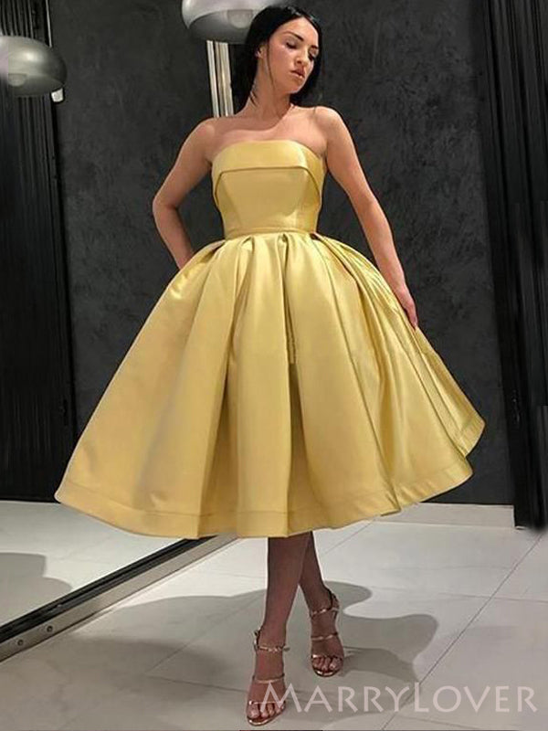 Gold Satin Strapless A-line Short Backless Homecoming Dresses, HM1067 MarryLover Gold Satin Strapless A-line Short Backless Homecoming Dresses, HM1067 MarryLover