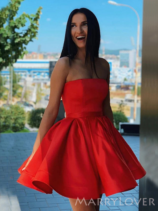 Red Satin Strapless A-line Short Backless Homecoming Dresses, HM1068 MarryLover Red Satin Strapless A-line Short Backless Homecoming Dresses, HM1068 MarryLover