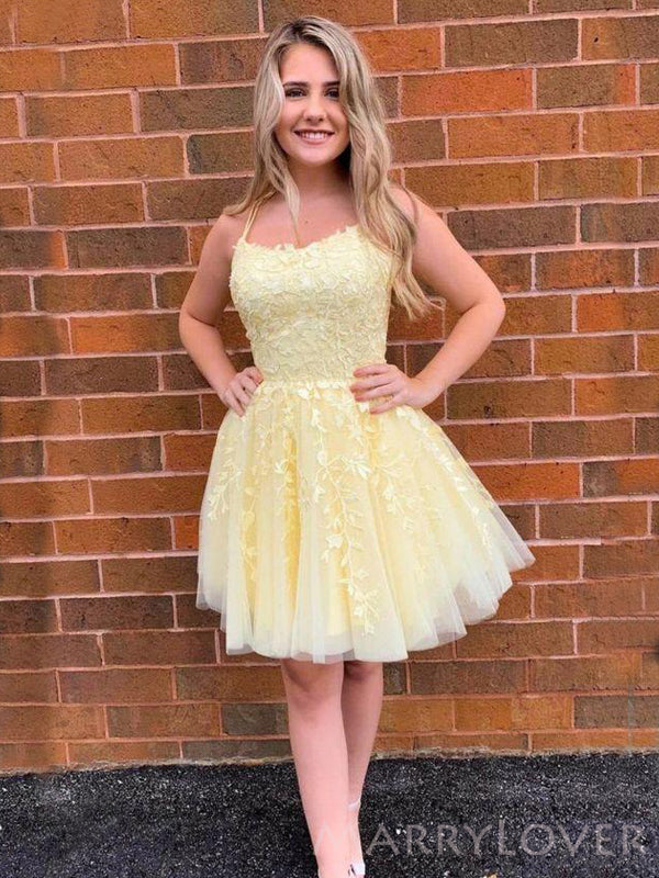 Yellow Tulle Appliques A-line Spaghetti Straps Short Homecoming Dresse MarryLover Yellow Tulle Appliques A-line Spaghetti Straps Short Homecoming Dresse MarryLover