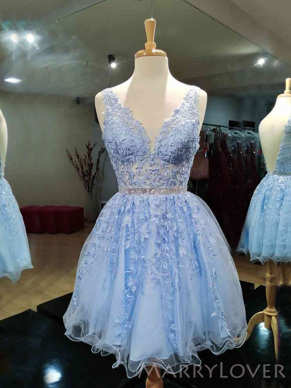 V-neck Blue Tulle Appliques A-line Short Homecoming Dresses, HM1088