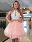 Two Pieces Halter Tulle Beaded A-line Short Homecoming Dresses, HM1089