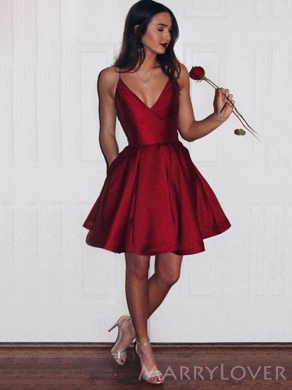 Red Satin Spaghetti Straps A-line Short V-neck Homecoming Dresses, HM1 MarryLover Red Satin Spaghetti Straps A-line Short V-neck Homecoming Dresses, HM1 MarryLover