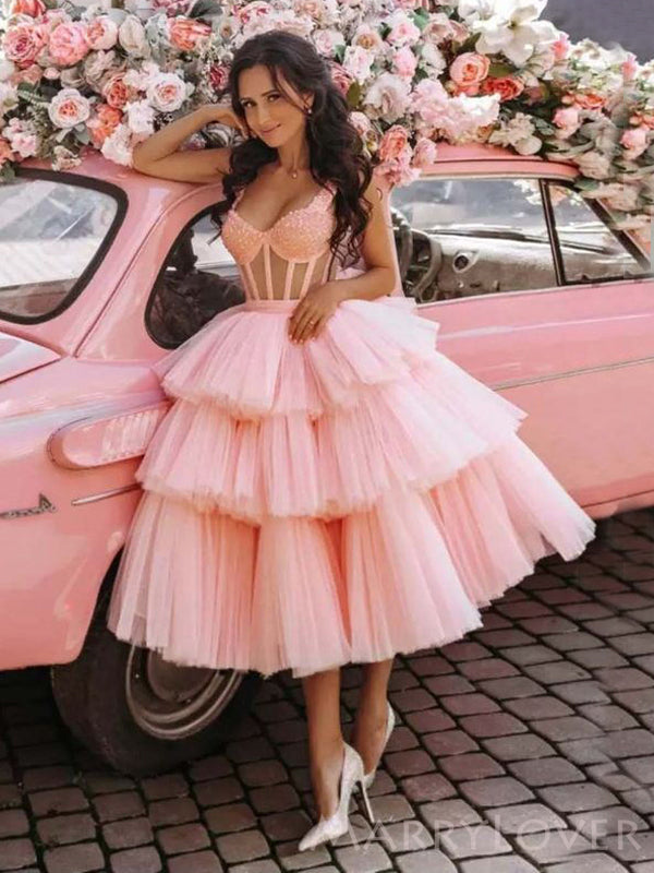 Pink Tulle Beaded A-line Spaghetti Straps Short Homecoming Dresses, HM MarryLover Pink Tulle Beaded A-line Spaghetti Straps Short Homecoming Dresses, HM MarryLover
