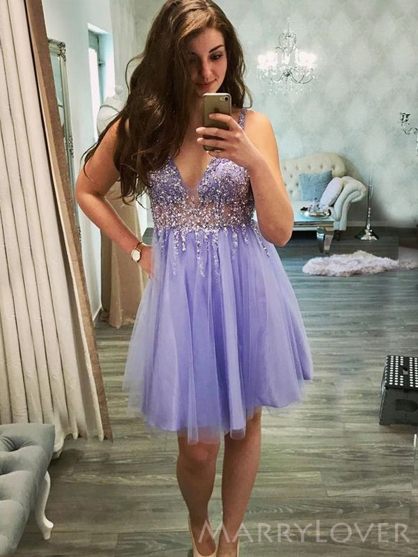 See Through Deep V-neck Tulle Beaded A-line Short Homecoming Dresses, MarryLover See Through Deep V-neck Tulle Beaded A-line Short Homecoming Dresses, MarryLover