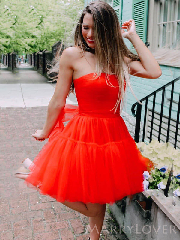 Red Tulle A-line Strapless Short Homecoming Dresses, HM1107