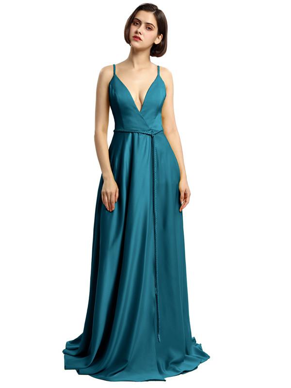 Spaghetti Strap Satin V-neck Prom Dresses