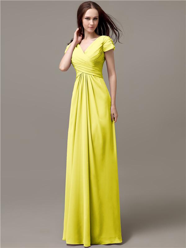 A-line V-neck Short Sleeves Pleats Bridesmaid Dresses