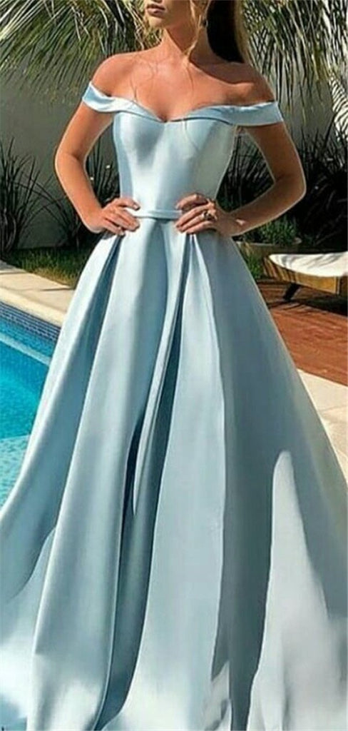 A-line Off-shoulder Simple Elegant Long Sky Blue Prom Dresses, PD0569