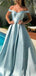 A-line Off-shoulder Simple Elegant Long Sky Blue Prom Dresses, PD0569