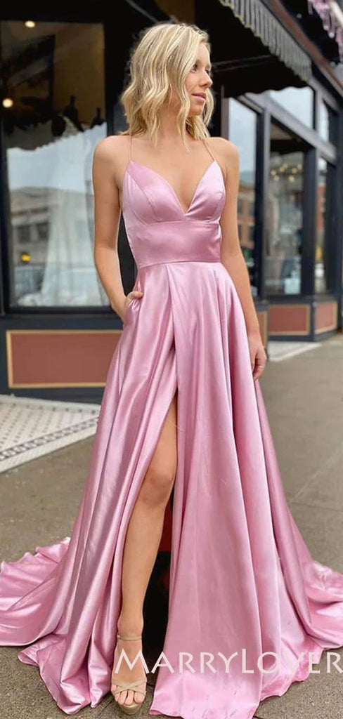 A-Line Spaghetti Straps Side Long Evening Prom Dresses, MR7021