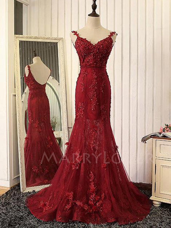 Sexy Mermaid Backless burgundy Lace Long Evening Prom Dresses, MR7058 MarryLover Sexy Mermaid Backless burgundy Lace Long Evening Prom Dresses, MR7058 MarryLover