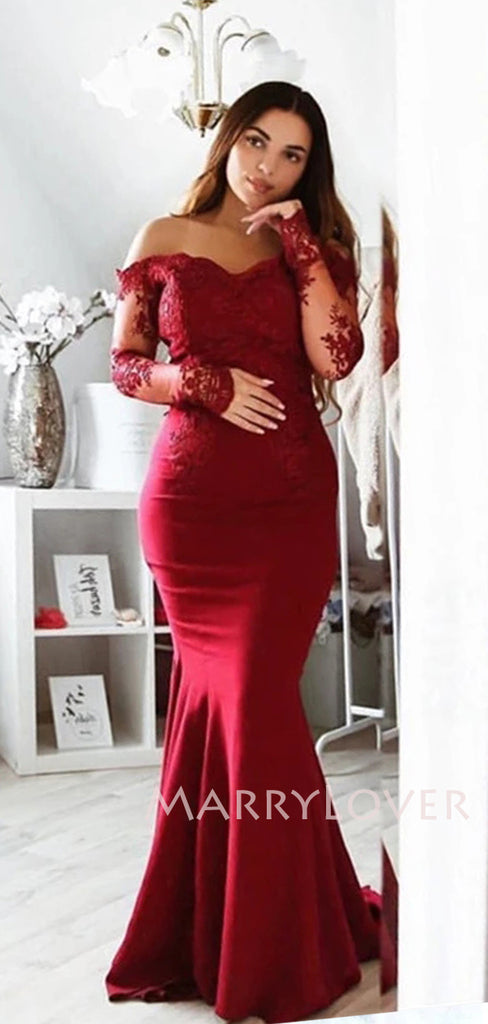 Sexy Off Shoulder Lace Mermaid Long Evening Prom Dresses With Sleeves, MR7078