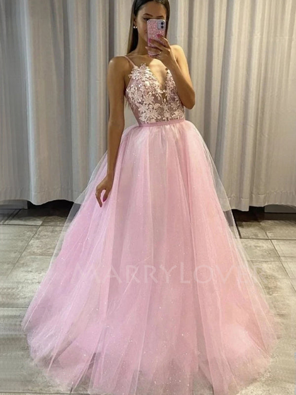 Sexy V Neck Lace Tulle A-line Long Evening Prom Dresses, Cheap Sweet C MarryLover Sexy V Neck Lace Tulle A-line Long Evening Prom Dresses, Cheap Sweet C MarryLover