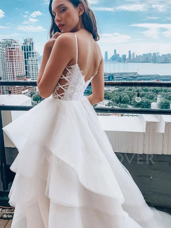 A-Line Long White Lace Evening Prom Dresses, Cheap Custom Wedding Dresses, MR7097