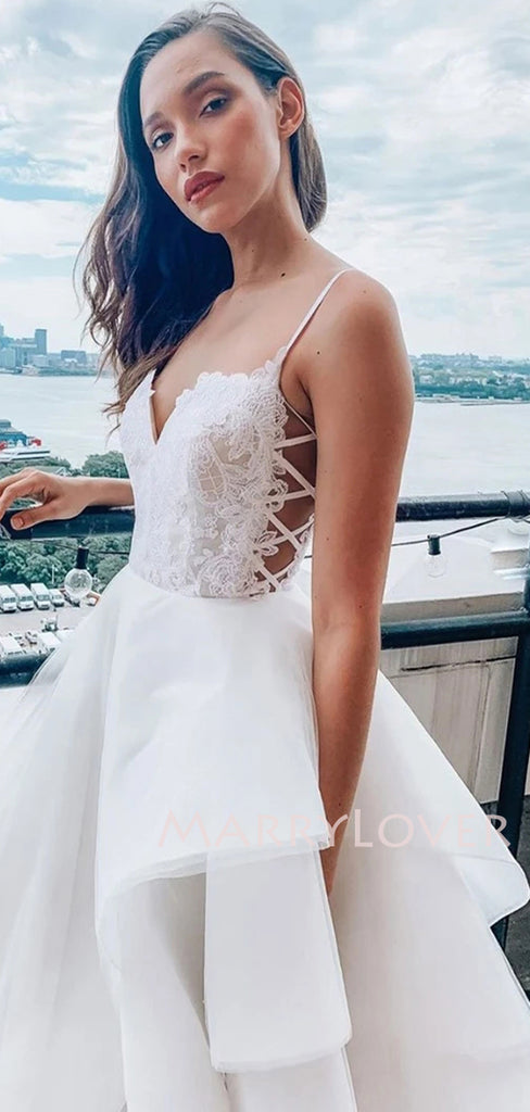 A-Line Long White Lace Evening Prom Dresses, Cheap Custom Wedding Dresses, MR7097