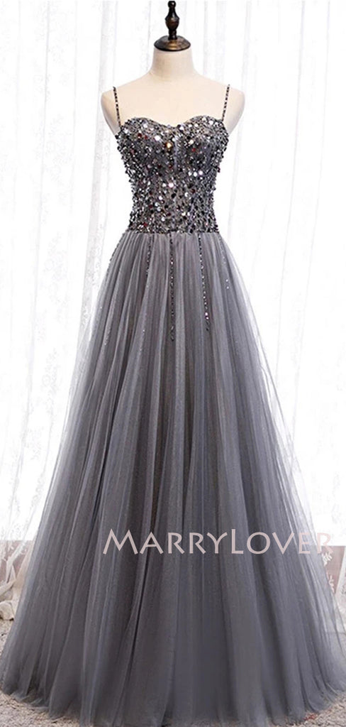 A-Line Beaded Spagheitt Straps Long Custom Evening Prom Dresses, Cheap Sweet Dresses, MR7099