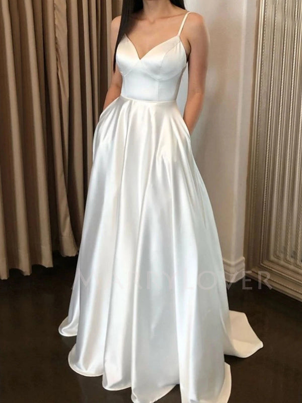 Sex A-Line Satin V Neckline Long White Backless Evening Prom Dresses, MarryLover Sex A-Line Satin V Neckline Long White Backless Evening Prom Dresses, MarryLover