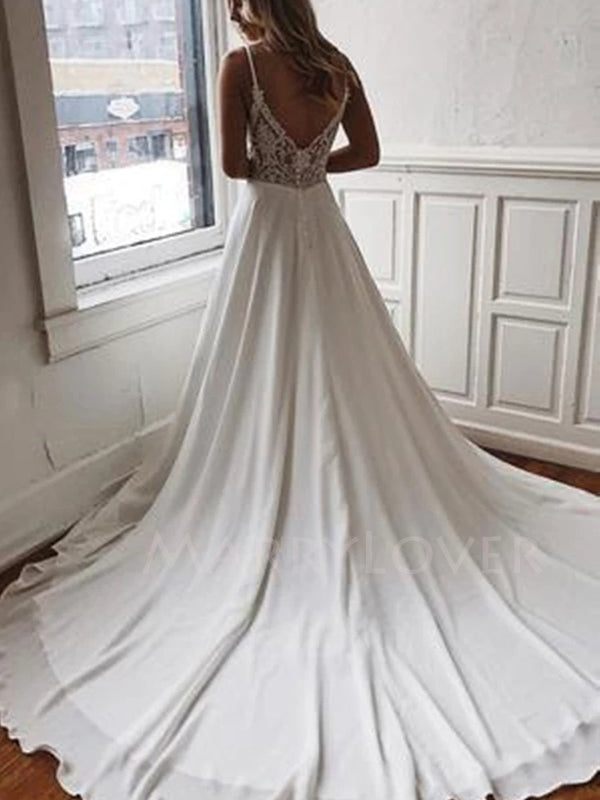 Sexy Deep V Neck White Chiffon Cheap Long Evening Prom Dresses, Beach Wedding dresses, MR7148