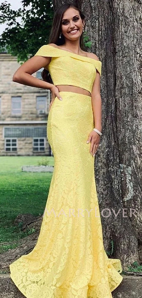 Two Pieces Mermaid Lace Long Evening Prom Dresses, Off Shoulder Prom Dresses, MR7152