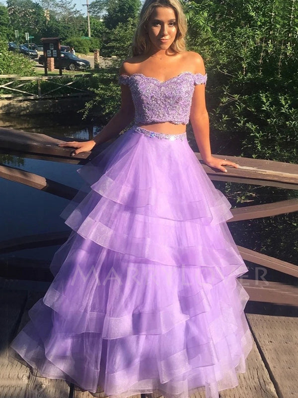 Two Pieces A-Line Off Shoulder Purple Long Evening Prom Dresses