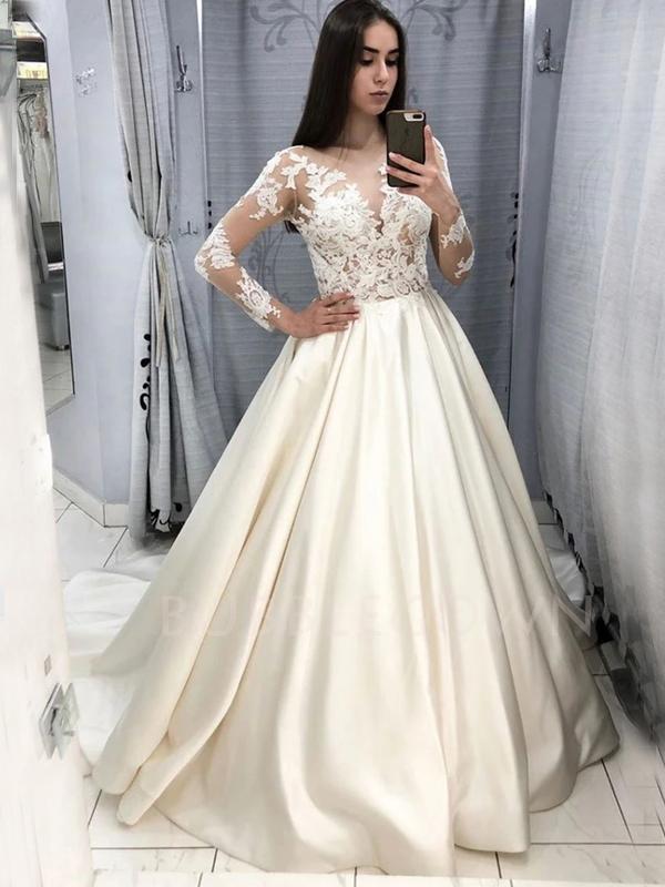 Long Sleeves Lace Custom A-Line Satin Long Evening Prom Dresses, Satin MarryLover Long Sleeves Lace Custom A-Line Satin Long Evening Prom Dresses, Satin MarryLover