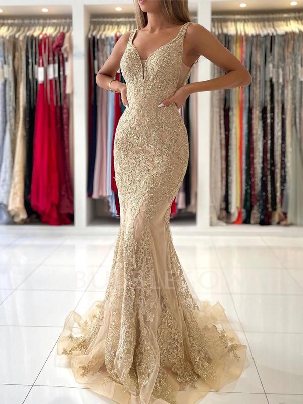 Champagne Gold Mermaid V Neck Lace Long Evening Prom Dresses, MR7228 MarryLover Champagne Gold Mermaid V Neck Lace Long Evening Prom Dresses, MR7228 MarryLover