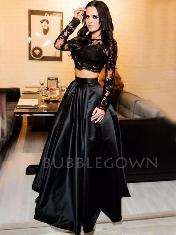 two piece prom dress long sleeve Black Fashion Long Sleeved Lace Two Piece Prom Formal Dress